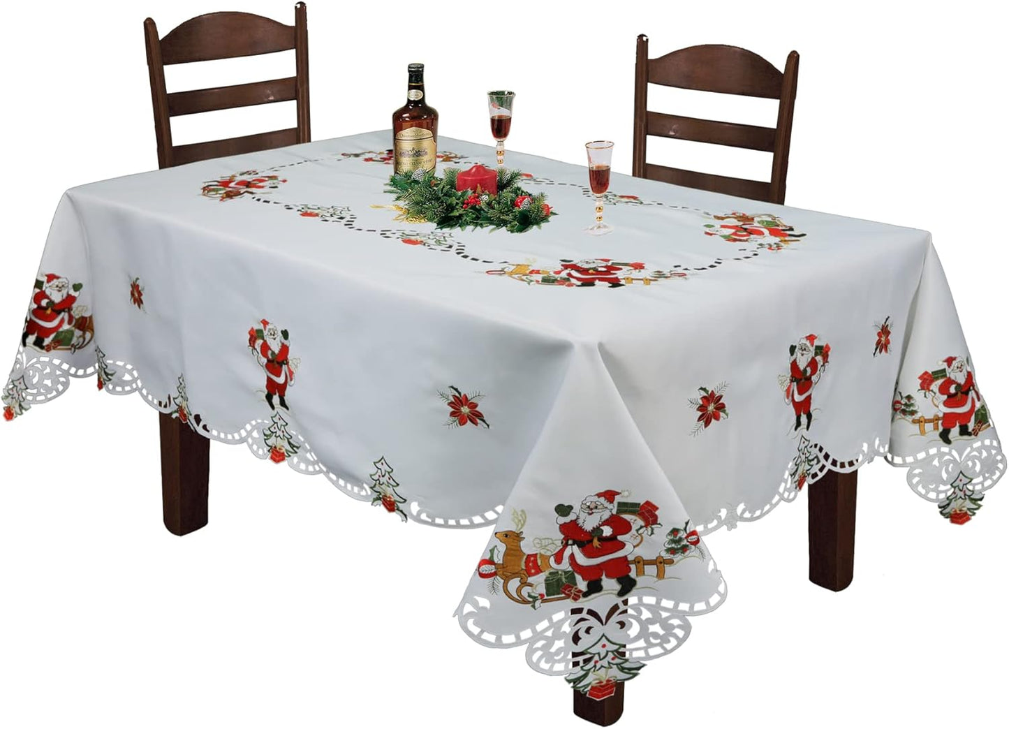 Holiday Christmas Tablecloth 70X140 with 12 Napkins Embroidered Santa Reindeer Red Poinsettia Winter Table Linen Rectangular White