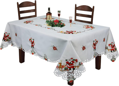 Holiday Christmas Tablecloth 70X140 with 12 Napkins Embroidered Santa Reindeer Red Poinsettia Winter Table Linen Rectangular White
