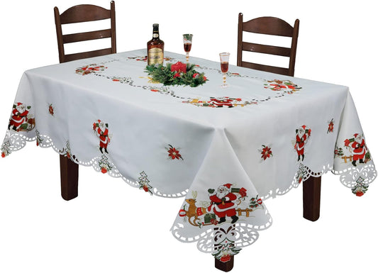 Holiday Christmas Tablecloth 70X140 with 12 Napkins Embroidered Santa Reindeer Red Poinsettia Winter Table Linen Rectangular White