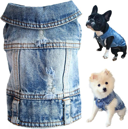 Dog Jean Jacket, Blue Puppy Denim T-Shirt, Machine Washable Dog Clothes, Comfort and Cool Apparel, for Small Medium Dogs Pets and Cats (Small, Blue Type 1)