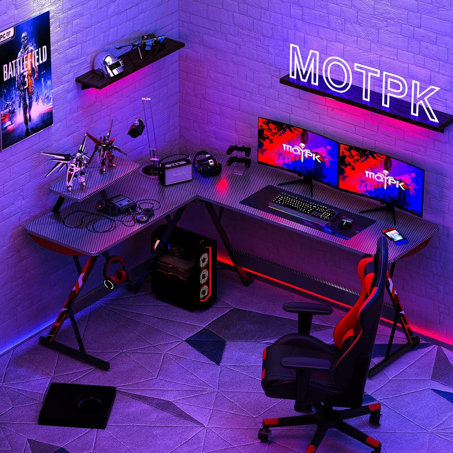 L Shaped Gaming Desk, 66 Inch Gaming Table with Carbon Fiber Texture, Corner Gaming Desk with Monitor Shelf, Cup Holder & Headphone Hook, PC Computer Desk for Gamer, Black