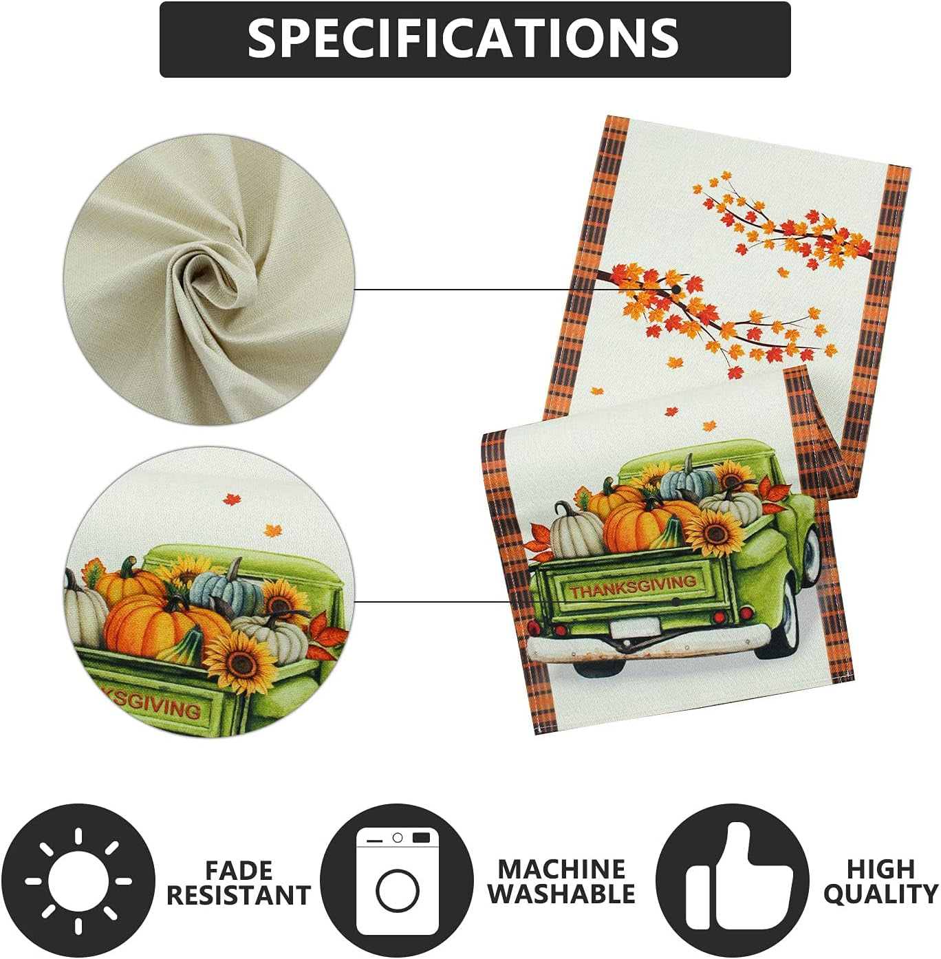 Thanksgiving Table Runner, Fall Table Runner Thanksgiving Decorations Green Truck Thanksgiving Table Decorations for Indoor Outdoor Thanksgiving Party Dining Table Decor (13" X 72")