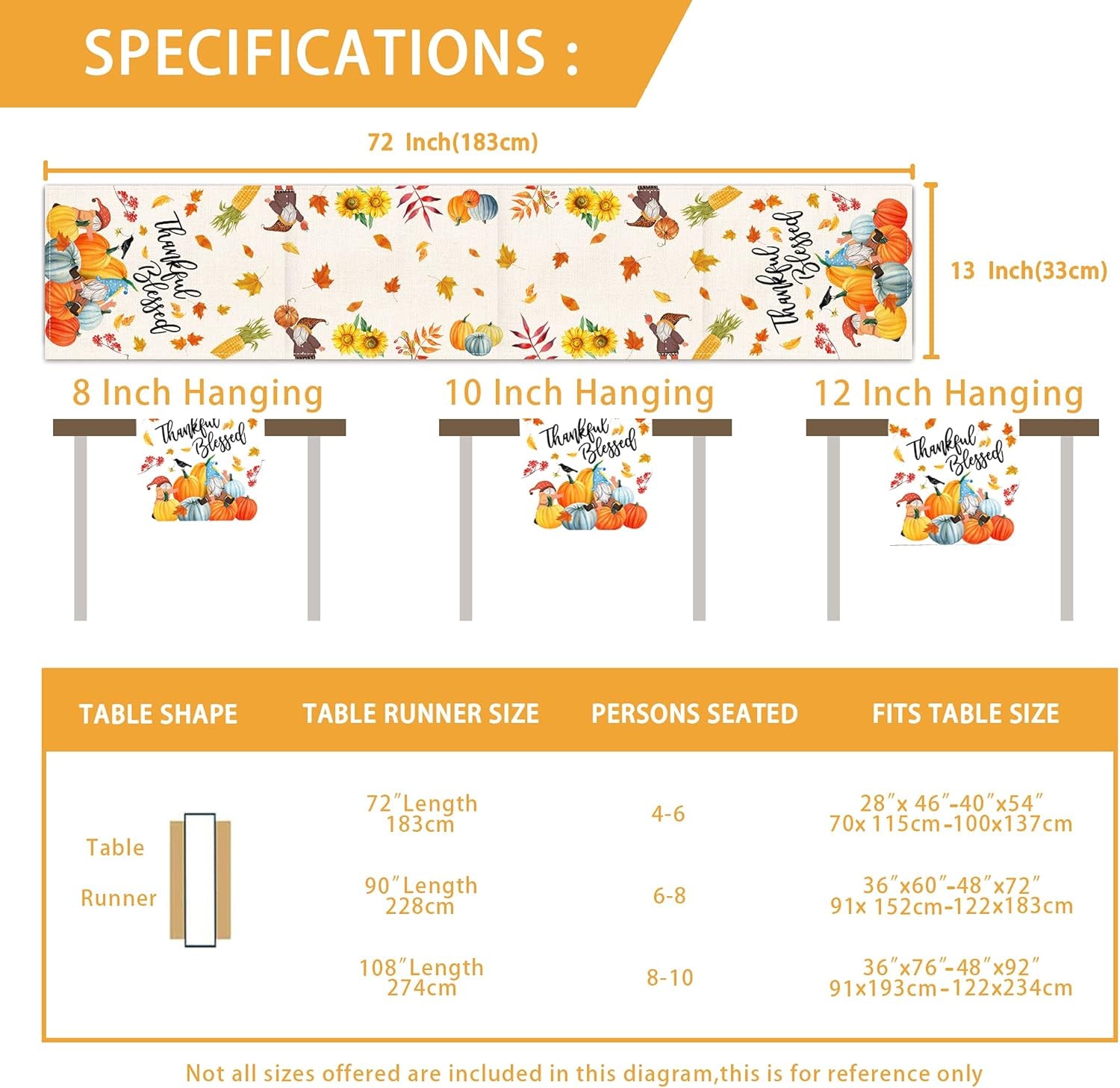 Thanksgiving Table Runner 72 Inch Long, Burlap Thanksgiving Runners for Table Coffee Dining, Thanksgiving Pumpkin Gnome Decor Farmhouse Table Runner Kitchen Decor